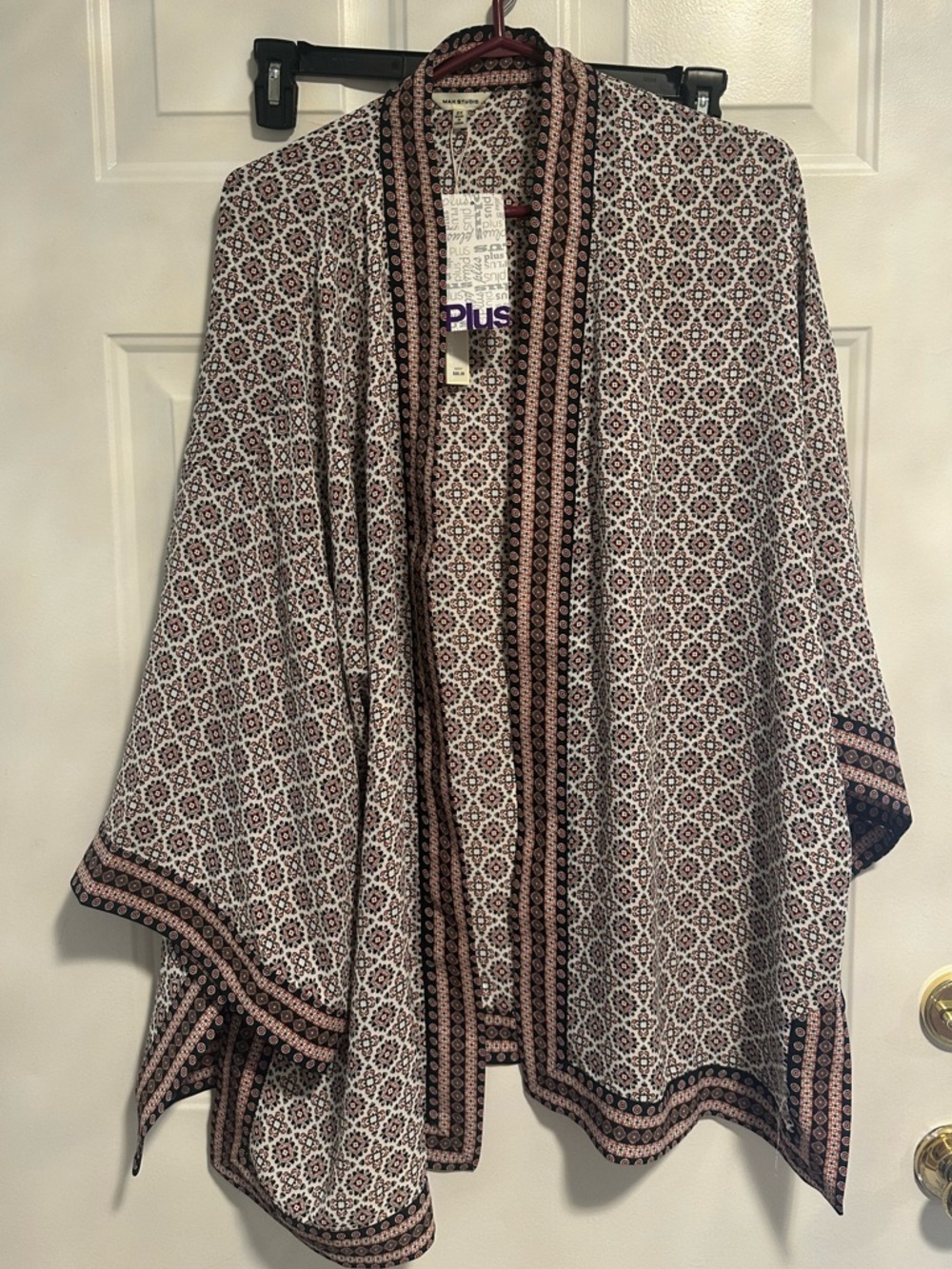 Open Front Patterned Kimono /Ruana Cardigan - Pink & Black